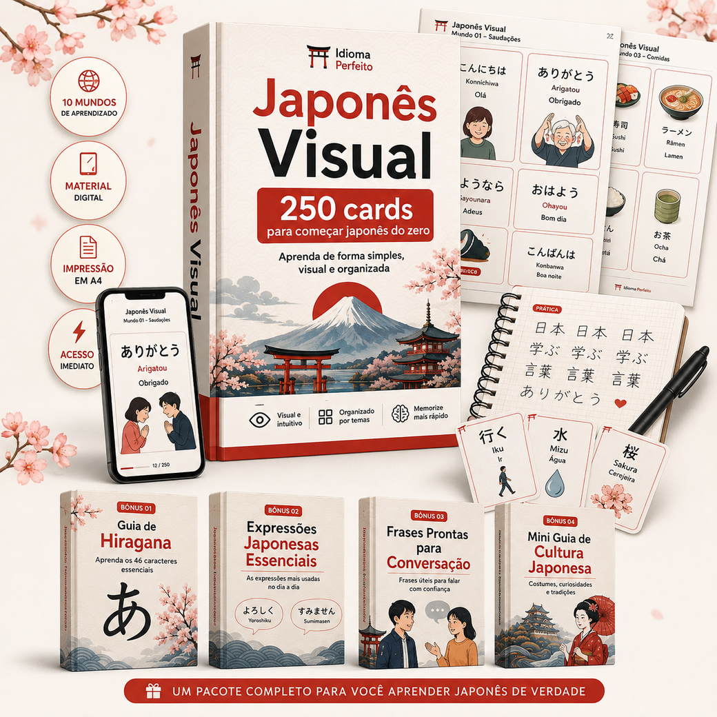 Mockup do produto Japonês Visual: livro de 250 cards, cards impressos, bônus e acesso pelo celular
